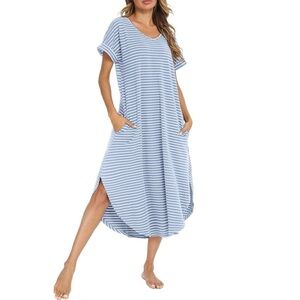 Soft Striped Cotton Night Shirt Nightgown Loungewear w/ Pockets • size Medium